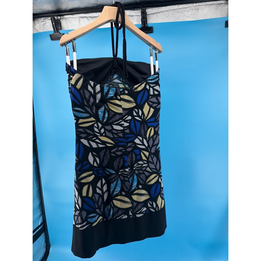 B. Darlin Girls Blue Yellow Leaf Print Halter Neck Party Dress Size 11/12 - Picture 2 of 5